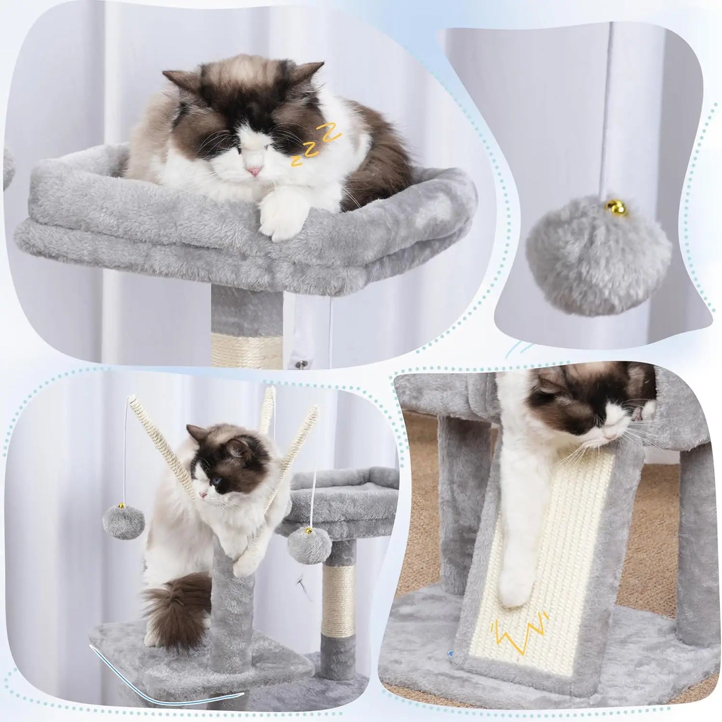 Cat Tree Tower, Scratching Posts with Removable Toys, Cozy Condo, Platform, Hammock, Sisal Scratch