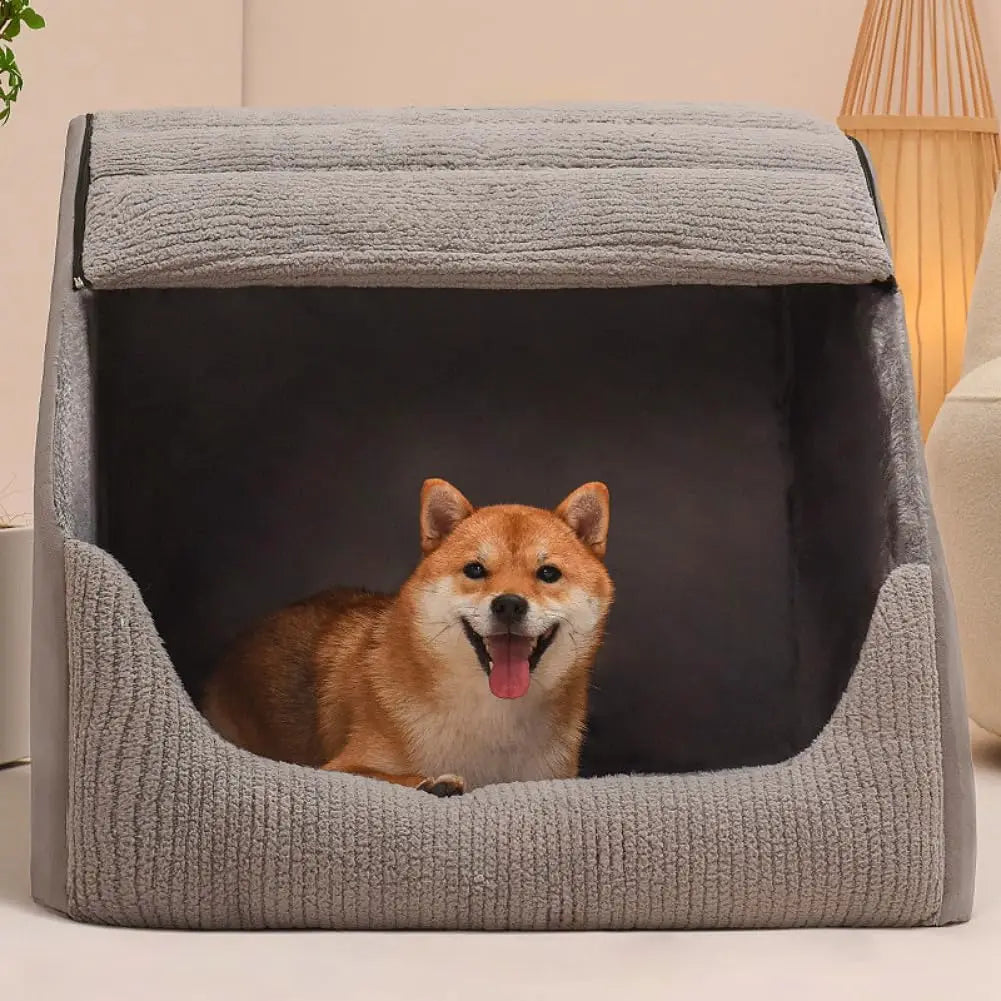 Extra Large Dog Bed House with 30D Memory Sponge, Cozy Indoor Plush Cave for Medium Large Dogs, Non-Slip Bottom (Grey, M)