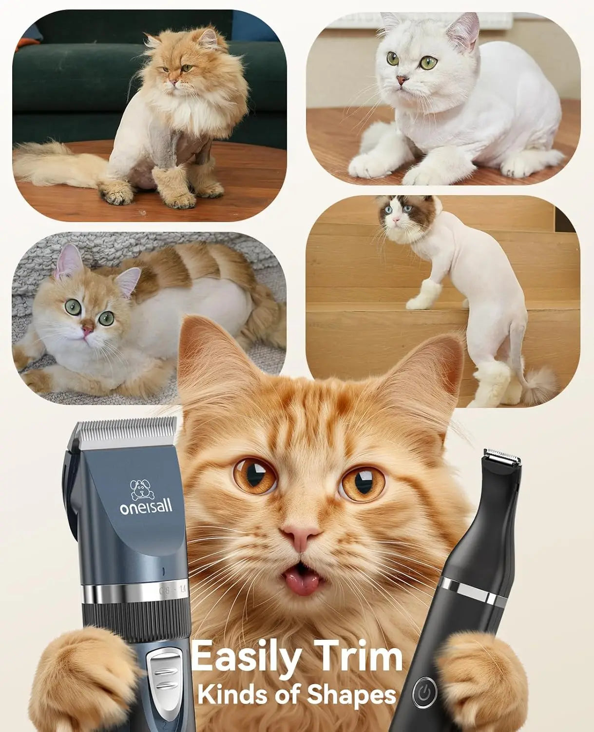 3-in-1 Cordless Cat Grooming Kit for Matted Hair, Quiet Pet Clippers with 2 Speeds & Paw Trimmer