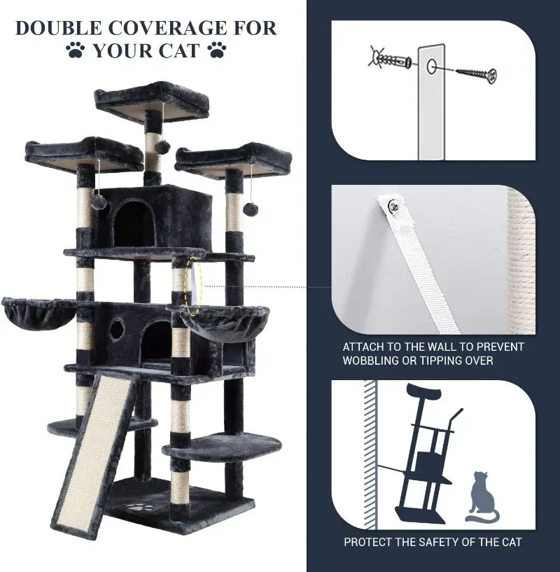 NEW 68 Inches Cat Tree/House and Towers for Big Feline/Scratching Post/Multi-Level Large Kitty Climbing Tree with Condo