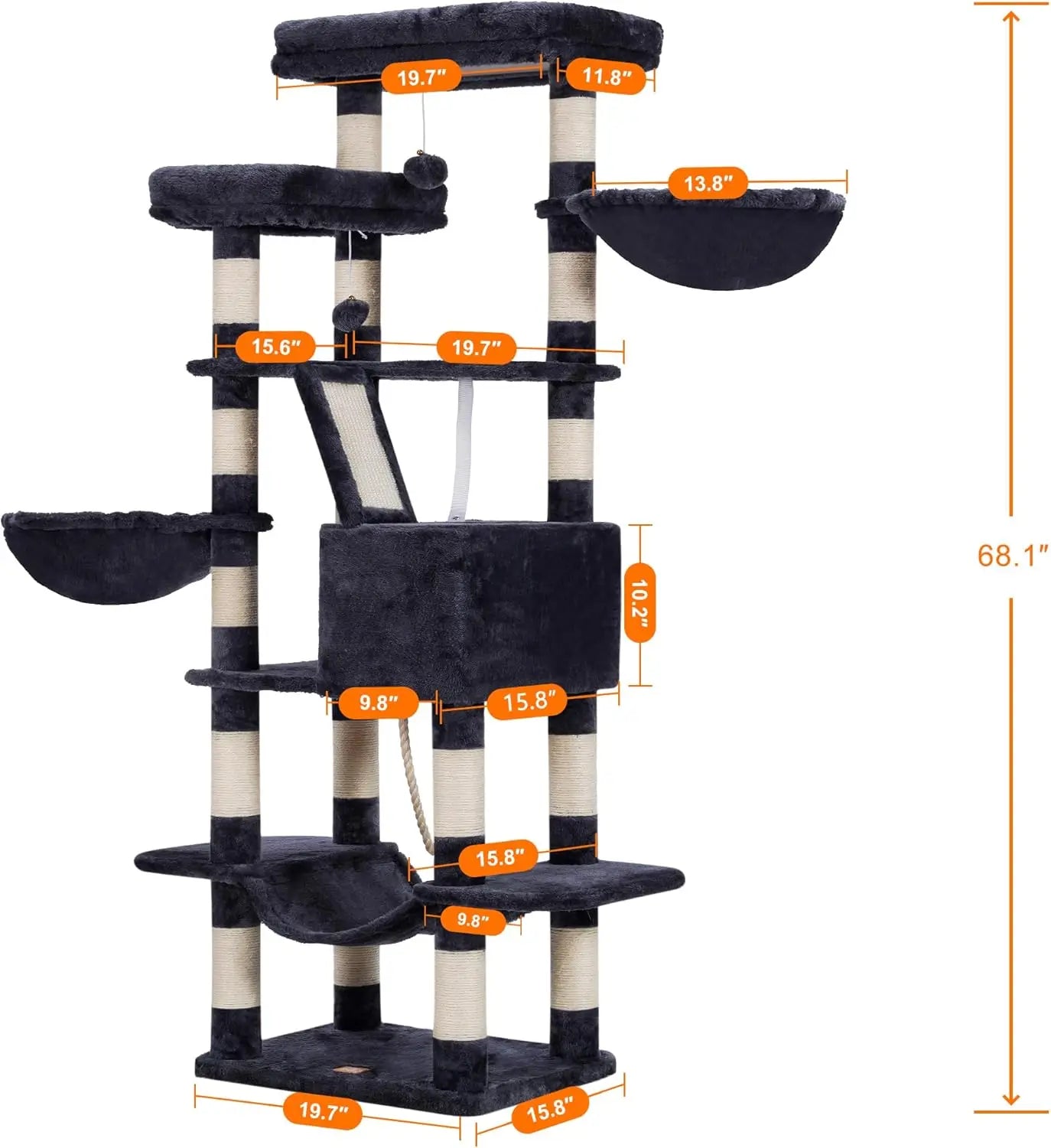 Cat Tree, 68 inch Multi-Level Cat Tower for Indoor Cats, 2 Widened Plush Perches Cat Condo with