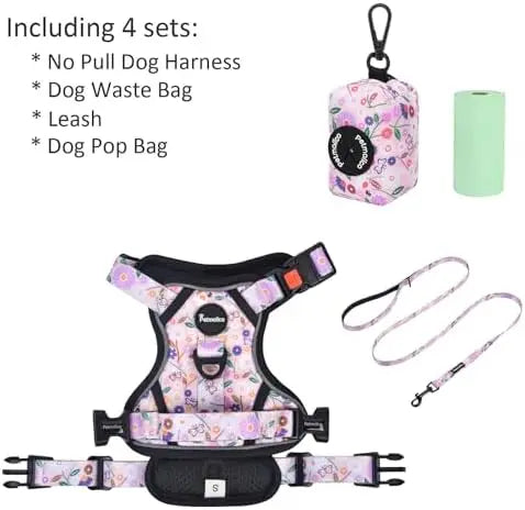 Petmolico Pet Harness & Leash Set for Small Dogs – Easy Control, Reflective Vest, Poop Bag Holder, Pink Flowers