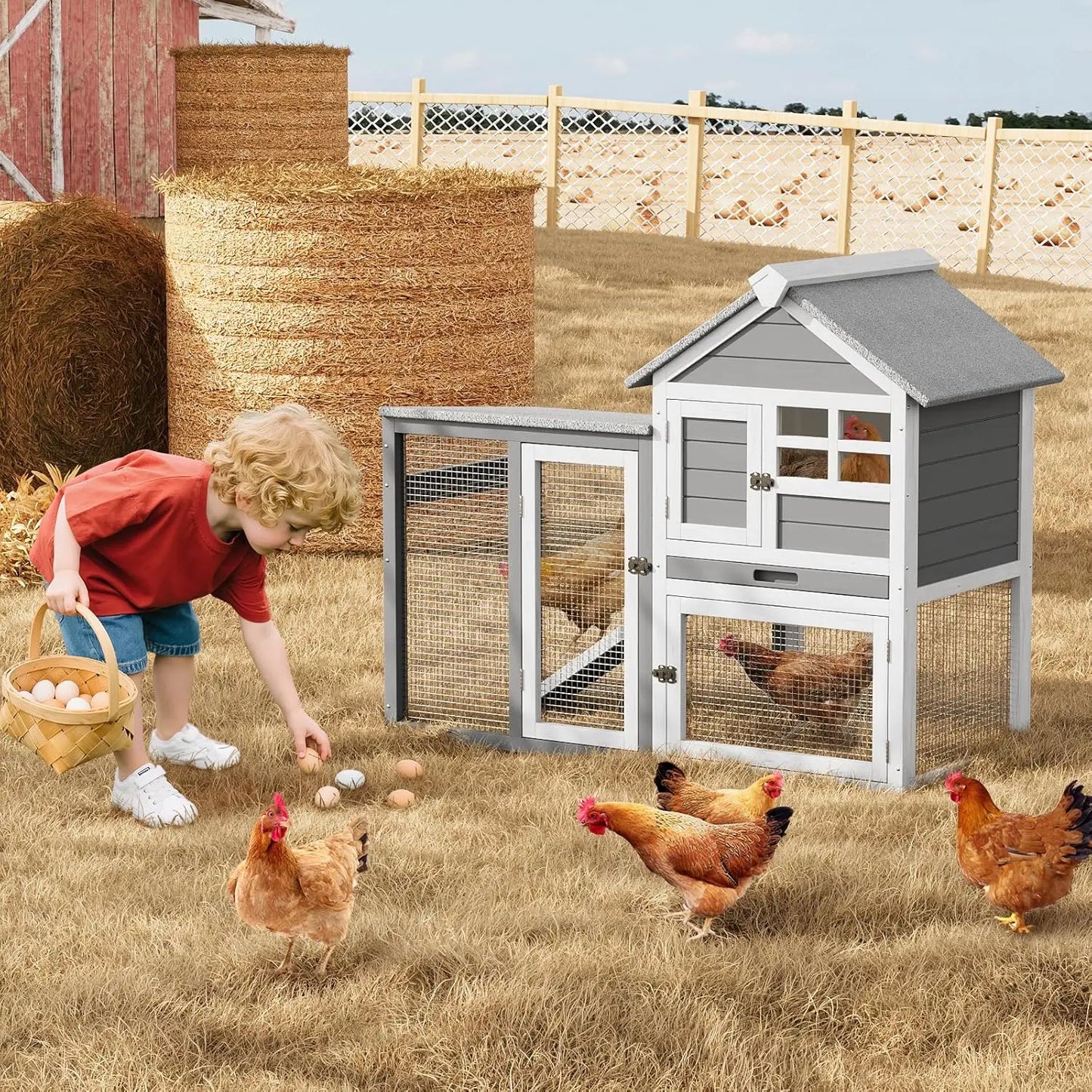 Rabbit Hutch Chicken Cage Indoor and Outdoor, 2-Story Rabbit Cage with Pull Out Tray, Wood Pet House with Ramp, Waterproof Roofs