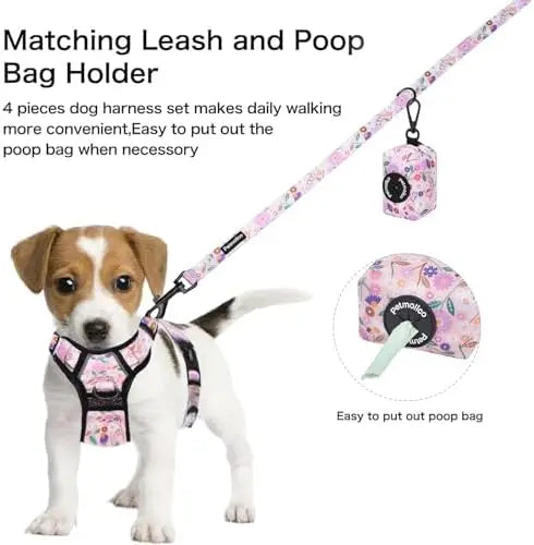 Petmolico Pet Harness & Leash Set for Small Dogs – Easy Control, Reflective Vest, Poop Bag Holder, Pink Flowers
