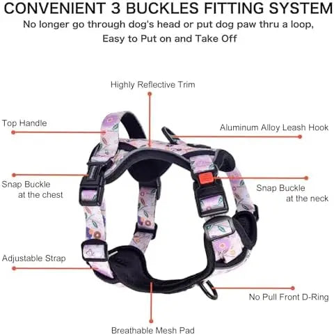 Petmolico Pet Harness & Leash Set for Small Dogs – Easy Control, Reflective Vest, Poop Bag Holder, Pink Flowers