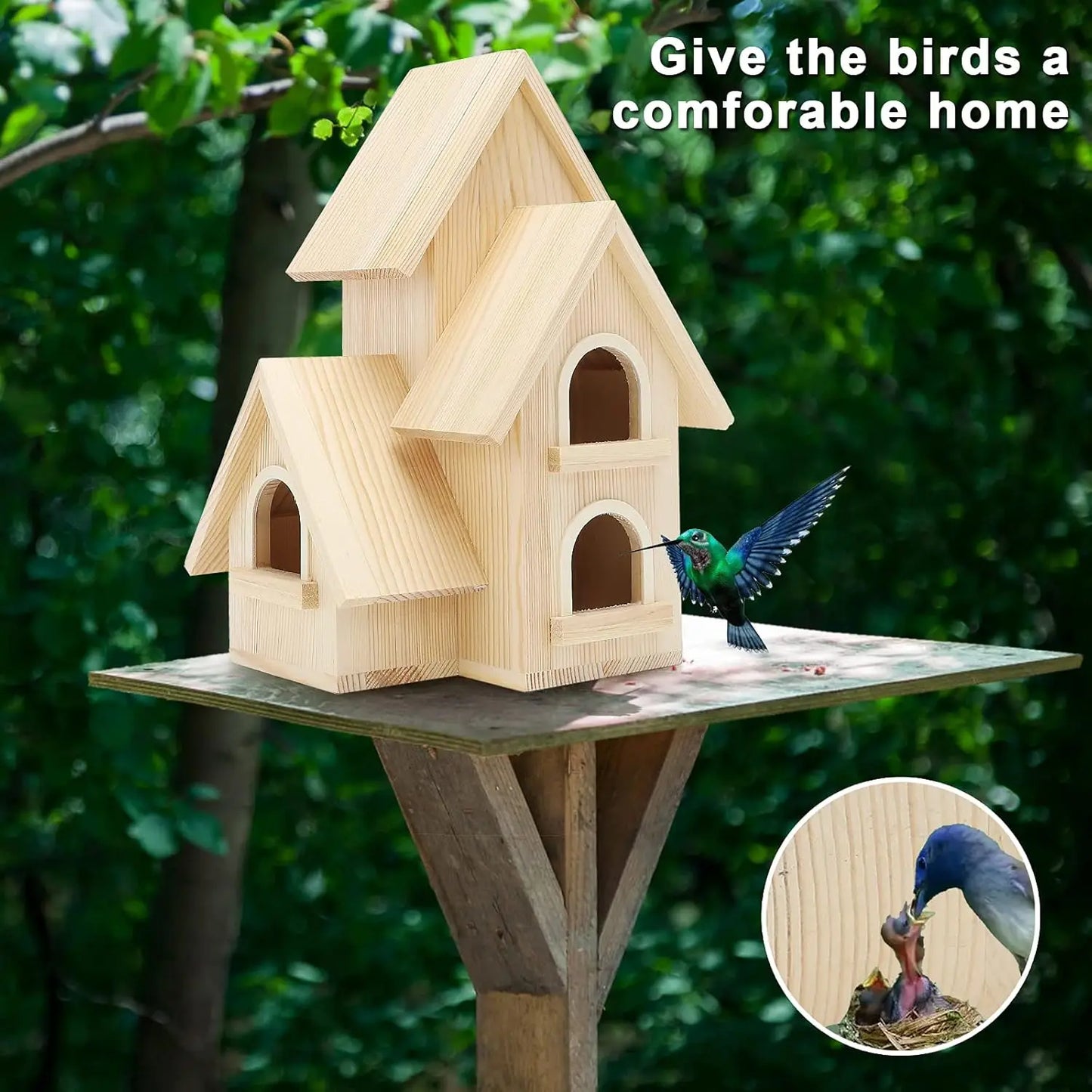 DIY Pine Wooden Bird House with Hanging Tools for Bluebird Hummingbird Wren Finch Garden Hut