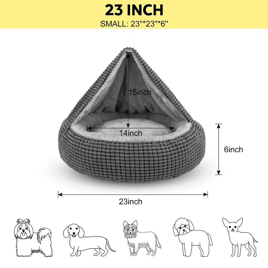 Small Dog Bed with Attached Blanket, Cozy Donut Cuddler AntiAnxiety Hooded Pet Beds Calming Cave Bed. Orthopedic Round Puppy Be