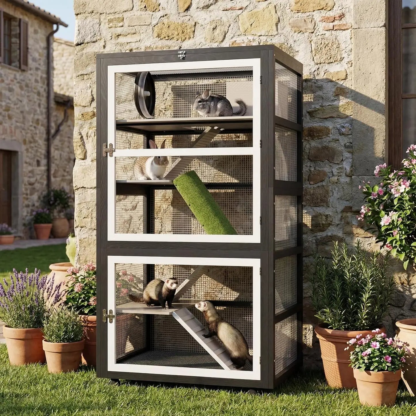 5-Tiers Small Animal Critter Cage Large Ferret Cage 55''H Chinchilla Cage with Easy-Clean Removable Tray, Hamster Wheel, Tunnel