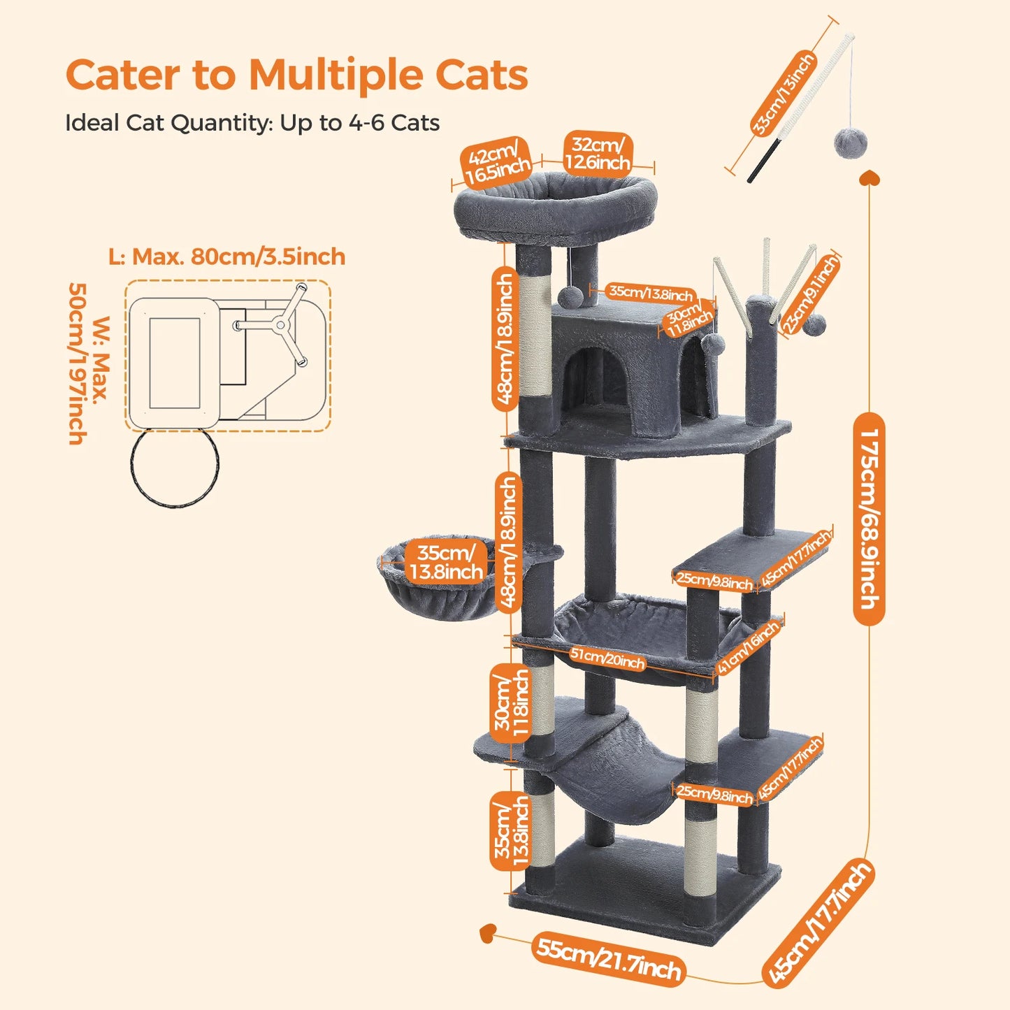 Sturdy Multi-Level Cat Tree Tower with Natural Sisal Scratching Posts,Cozy Hammock&Condo, Large Top Perch, and Fun Dangling Ball