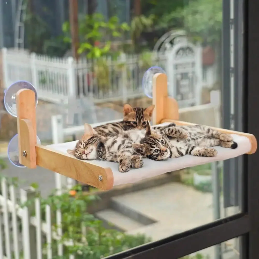 Cozy Wooden Window Perch For Cats, A Hammock Bed With Strong Suction Cups. No Drilling Required! The Soft, Faux Cover Is Washab