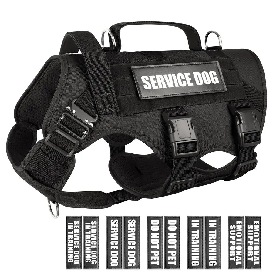 Service Dog Vest Harness for Large Dog, Tactical Working MOLLE Vest with 10 Pet Patches, No Pull Heavy Duty Harness for Trainin