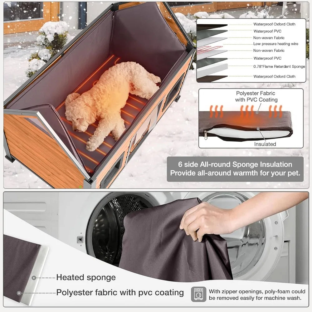 Insulated Outdoor Dog House with Heating Pad, Waterproof Kennel with Metal Frame, Winter Shelter for Small Dogs