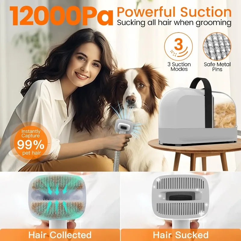 Dog Grooming Vacuum, Dog Grooming Kit with Pet Clippers, 12,000Pa Pet Hair Grooming Vacuum for Dogs, Vacuum Brush for Shedding G