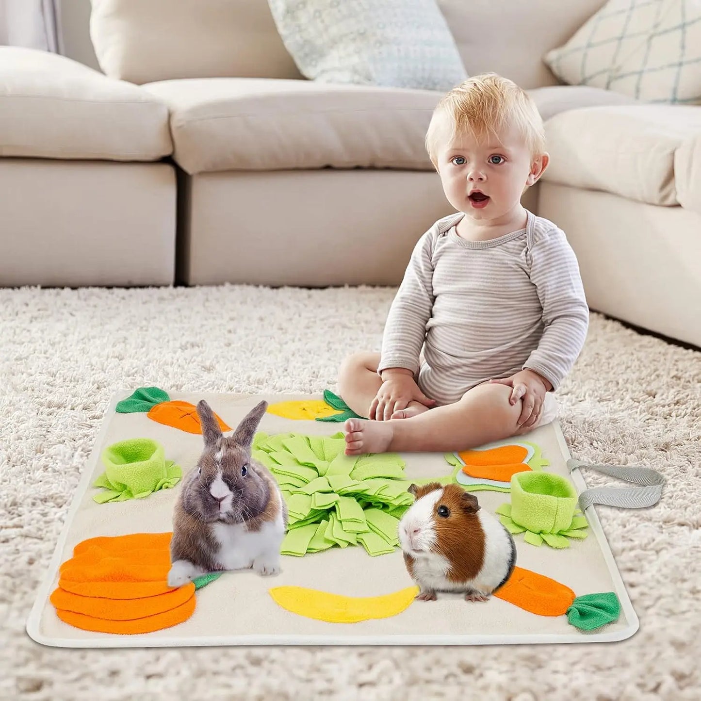 24''x24'' Rabbit Foraging Mat with Handle Interactive Pet Snuffle Toy for Dogs Rabbits Guinea Pigs