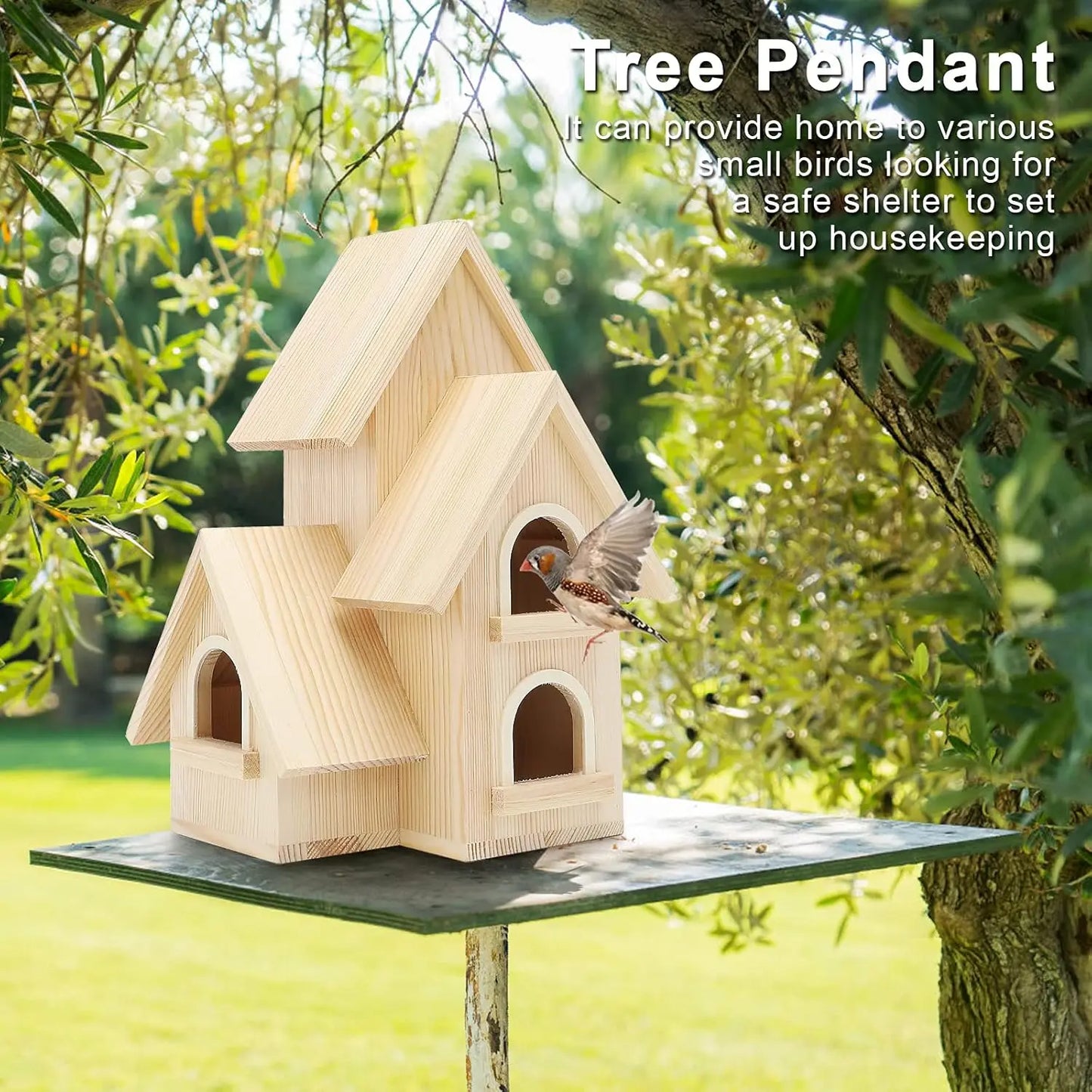 DIY Pine Wooden Bird House with Hanging Tools for Bluebird Hummingbird Wren Finch Garden Hut