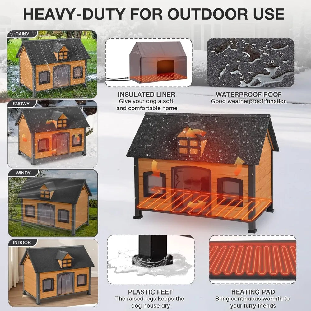 Insulated Outdoor Dog House with Heating Pad, Waterproof Kennel with Metal Frame, Winter Shelter for Small Dogs