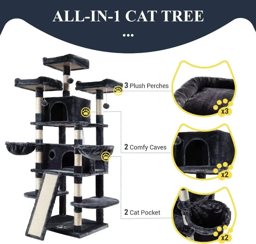 NEW 68 Inches Cat Tree/House and Towers for Big Feline/Scratching Post/Multi-Level Large Kitty Climbing Tree with Condo
