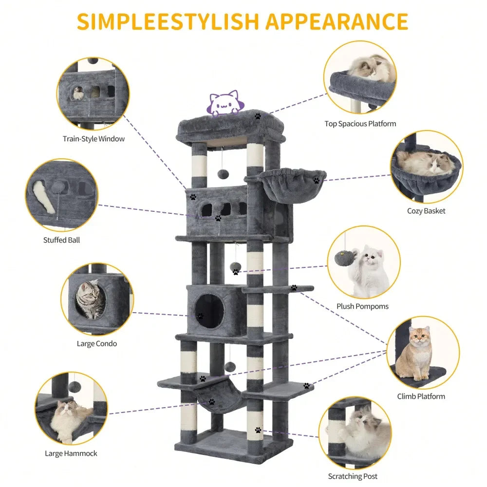 Cat Tree, 67 Large Tall Cat Tower For Indoor Cats, MultiLevel Cats House With Condo, 8 ching Posts, Hammock, 4 Pom Poms, D