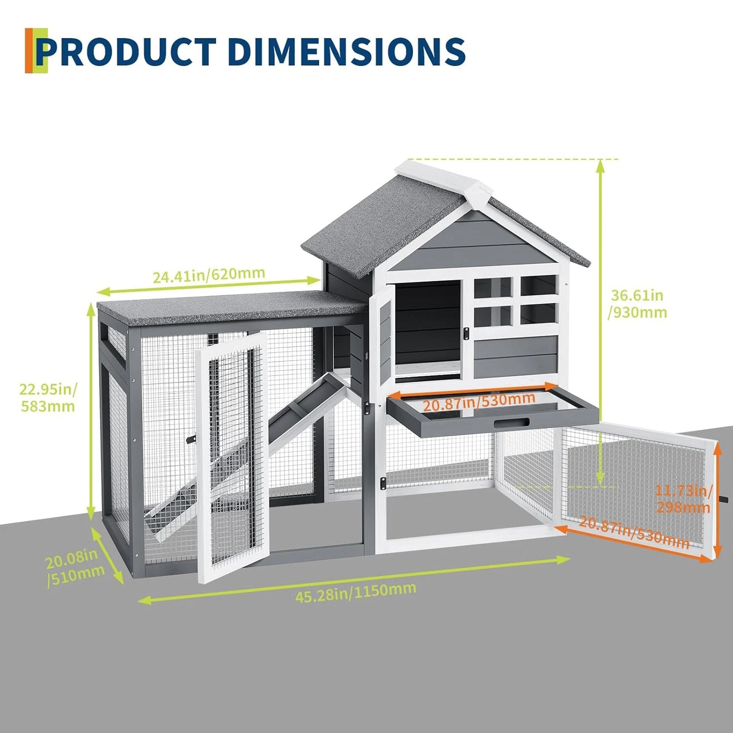 Rabbit Hutch Chicken Cage Indoor and Outdoor, 2-Story Rabbit Cage with Pull Out Tray, Wood Pet House with Ramp, Waterproof Roofs