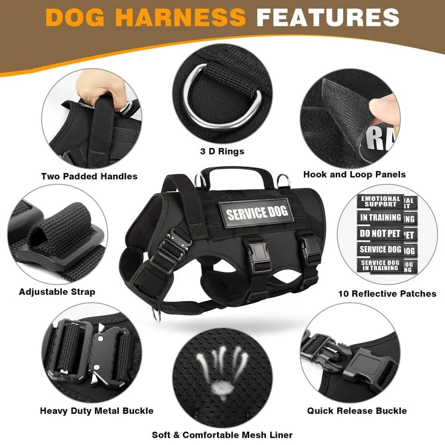 Service Dog Vest Harness for Large Dog, Tactical Working MOLLE Vest with 10 Pet Patches, No Pull Heavy Duty Harness for Trainin