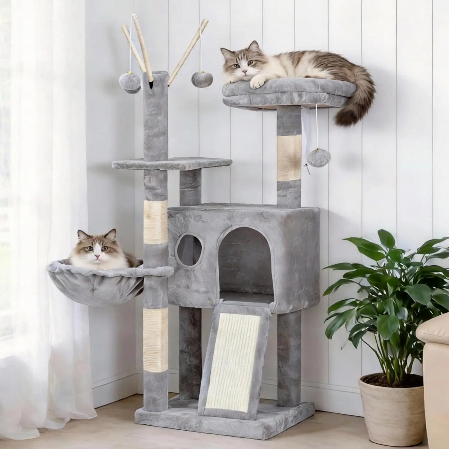 Cat Tree Tower, Scratching Posts with Removable Toys, Cozy Condo, Platform, Hammock, Sisal Scratch