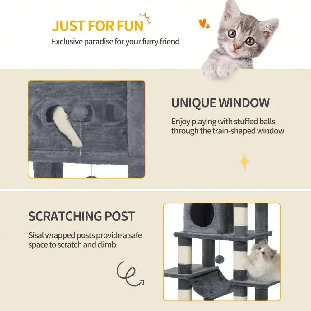 Cat Tree, 67 Large Tall Cat Tower For Indoor Cats, MultiLevel Cats House With Condo, 8 ching Posts, Hammock, 4 Pom Poms, D