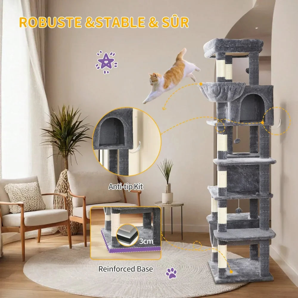 Cat Tree, 67 Large Tall Cat Tower For Indoor Cats, MultiLevel Cats House With Condo, 8 ching Posts, Hammock, 4 Pom Poms, D