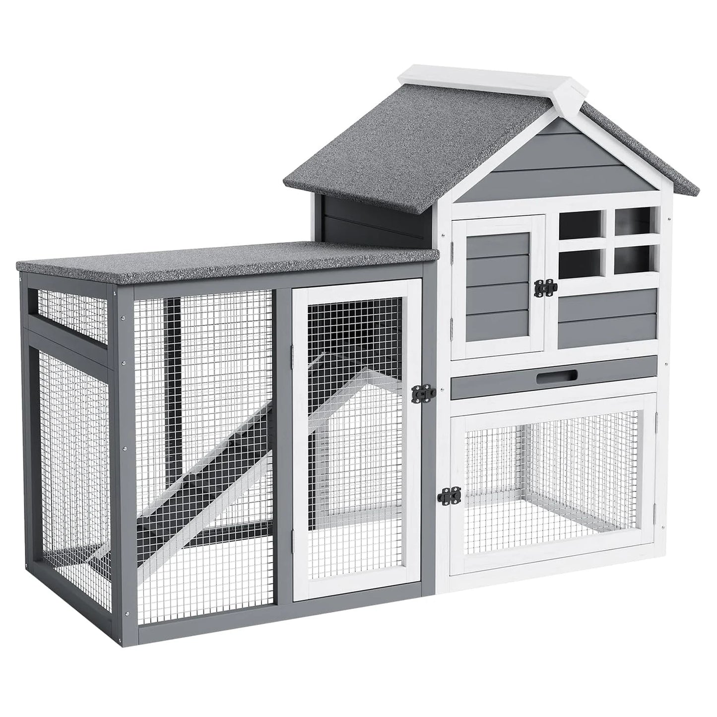 Rabbit Hutch Chicken Cage Indoor and Outdoor, 2-Story Rabbit Cage with Pull Out Tray, Wood Pet House with Ramp, Waterproof Roofs