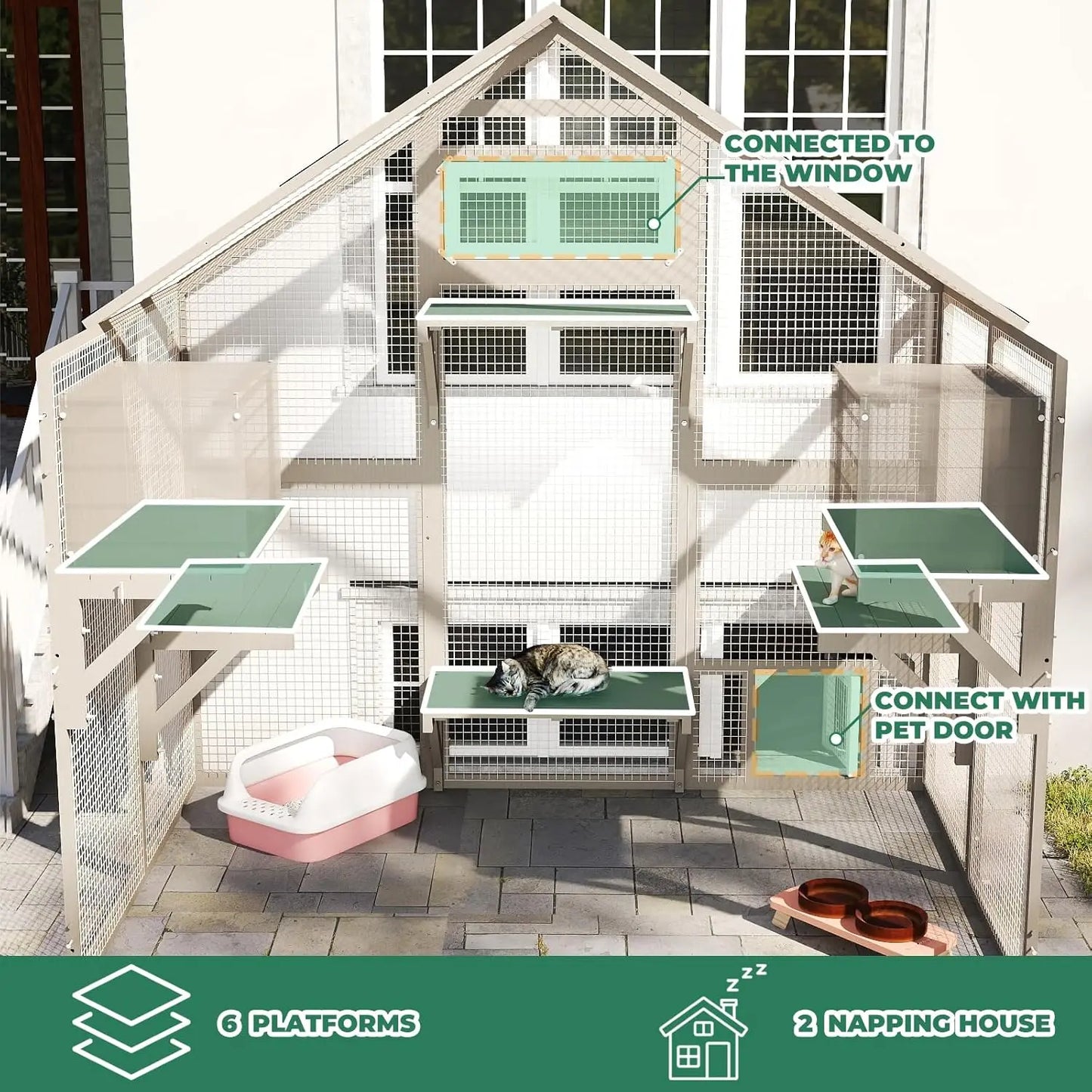 71" Weatherproof Outdoor Cat Enclosure Large Walk-in House with Window Multiple Cats 2 Condos 6 Platforms, Customized