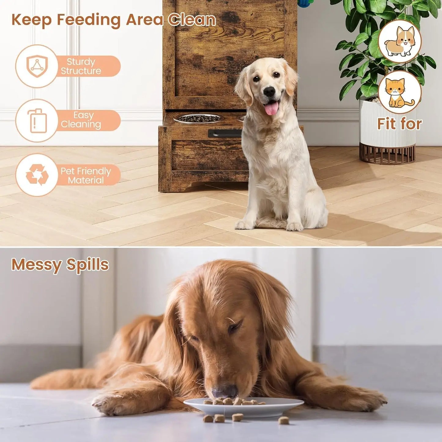 Dog Food Station with Storage,Pet Feeding Station with Raised Bowls,Dog Food Storage Cabinet with Hanger for Feeding