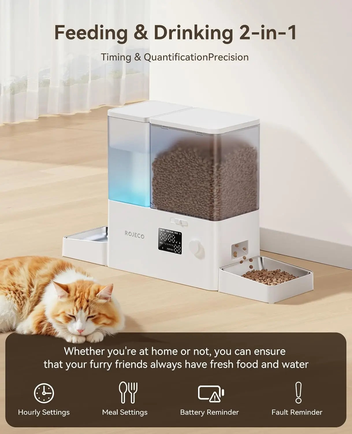 Automatic Cat Feeder and Water Dispenser,36Cups/8.5L 2-in-1 StainlSteel Bowls Large Capacity Cat Food Dispenser and Gravity