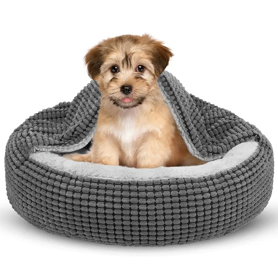 Small Dog Bed with Attached Blanket, Cozy Donut Cuddler AntiAnxiety Hooded Pet Beds Calming Cave Bed. Orthopedic Round Puppy Be