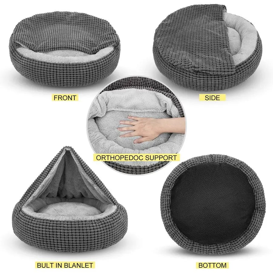 Small Dog Bed with Attached Blanket, Cozy Donut Cuddler AntiAnxiety Hooded Pet Beds Calming Cave Bed. Orthopedic Round Puppy Be