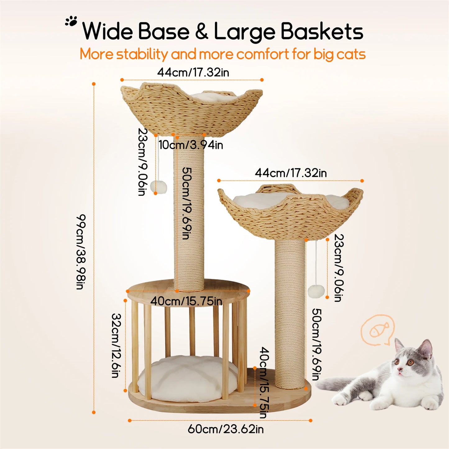3 Tier Cat Tree Activity Tower Condo Furniture with Plush Cushion and Dangling Ball Sisal Scratching Post for Indoor Cats