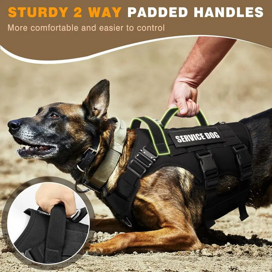Service Dog Vest Harness for Large Dog, Tactical Working MOLLE Vest with 10 Pet Patches, No Pull Heavy Duty Harness for Trainin