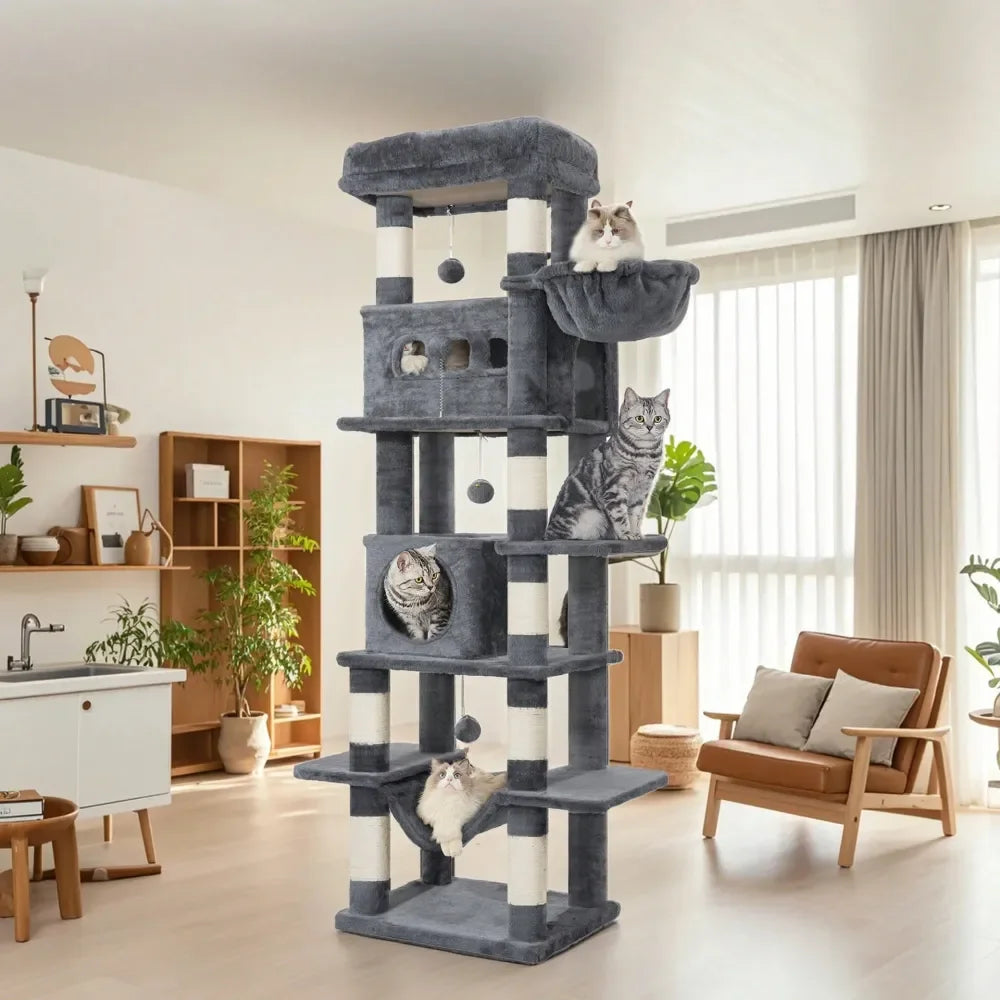 Cat Tree, 67 Large Tall Cat Tower For Indoor Cats, MultiLevel Cats House With Condo, 8 ching Posts, Hammock, 4 Pom Poms, D