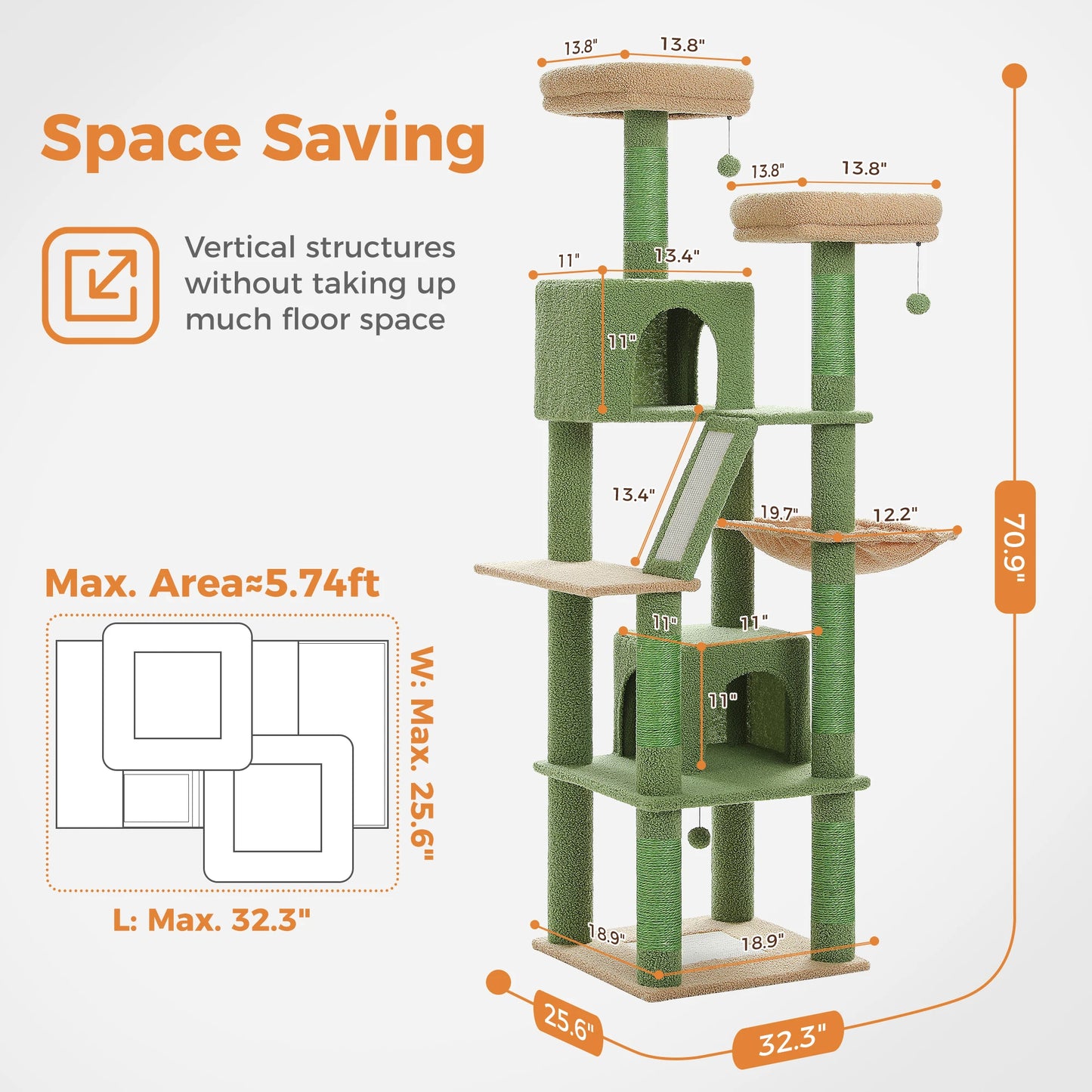 Sturdy Multi-Level Cat Tree Tower with Natural Sisal Scratching Posts,Cozy Hammock&Condo, Large Top Perch, and Fun Dangling Ball