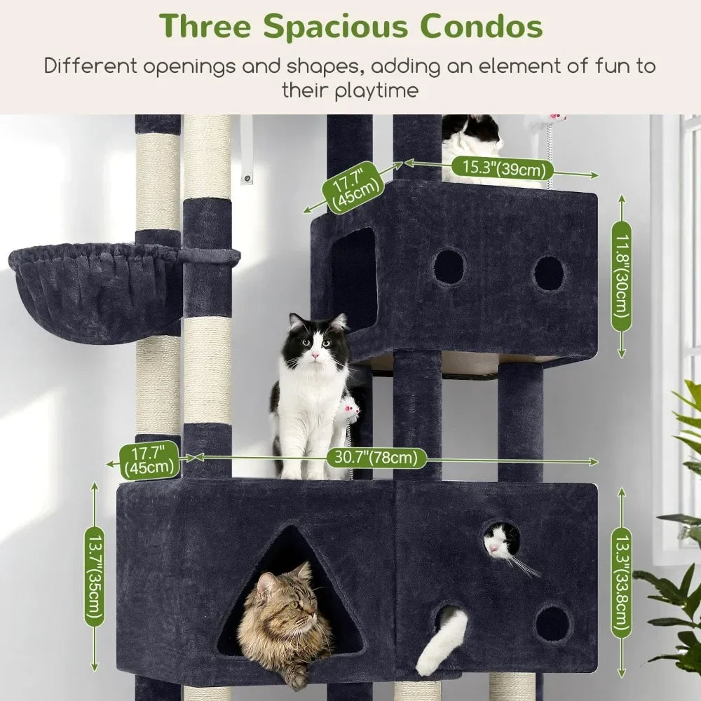81-inch Extra Large Cat Tree for Big Cats 20 lbs, Heavy Duty Scratching Tower with 3 Condos & 8 Posts