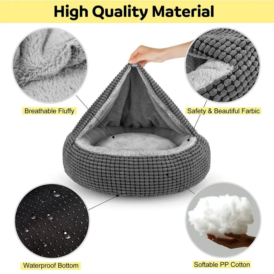 Small Dog Bed with Attached Blanket, Cozy Donut Cuddler AntiAnxiety Hooded Pet Beds Calming Cave Bed. Orthopedic Round Puppy Be