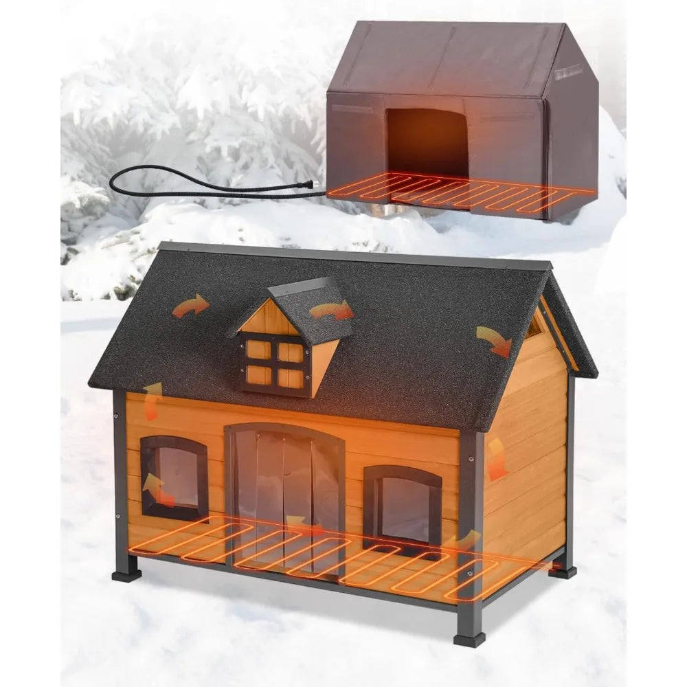 Insulated Outdoor Dog House with Heating Pad, Waterproof Kennel with Metal Frame, Winter Shelter for Small Dogs
