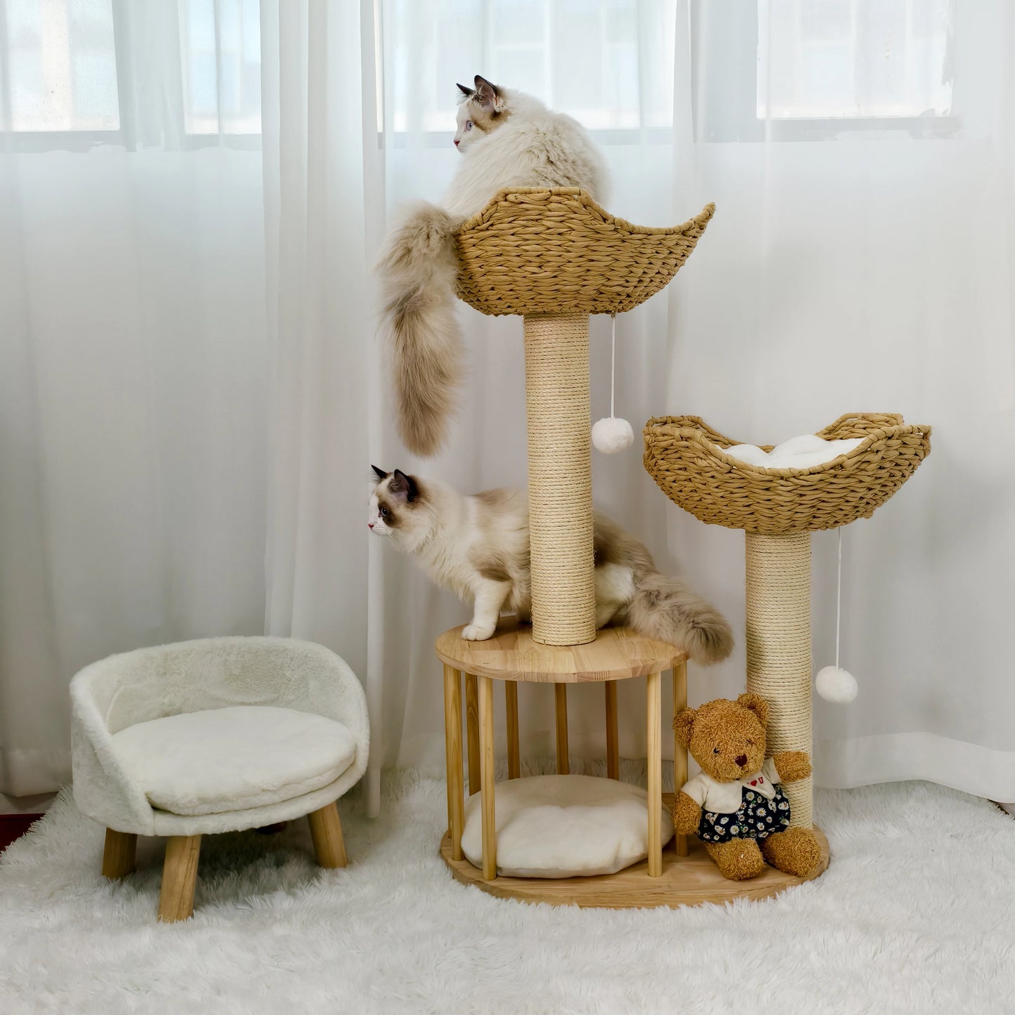 3 Tier Cat Tree Activity Tower Condo Furniture with Plush Cushion and Dangling Ball Sisal Scratching Post for Indoor Cats
