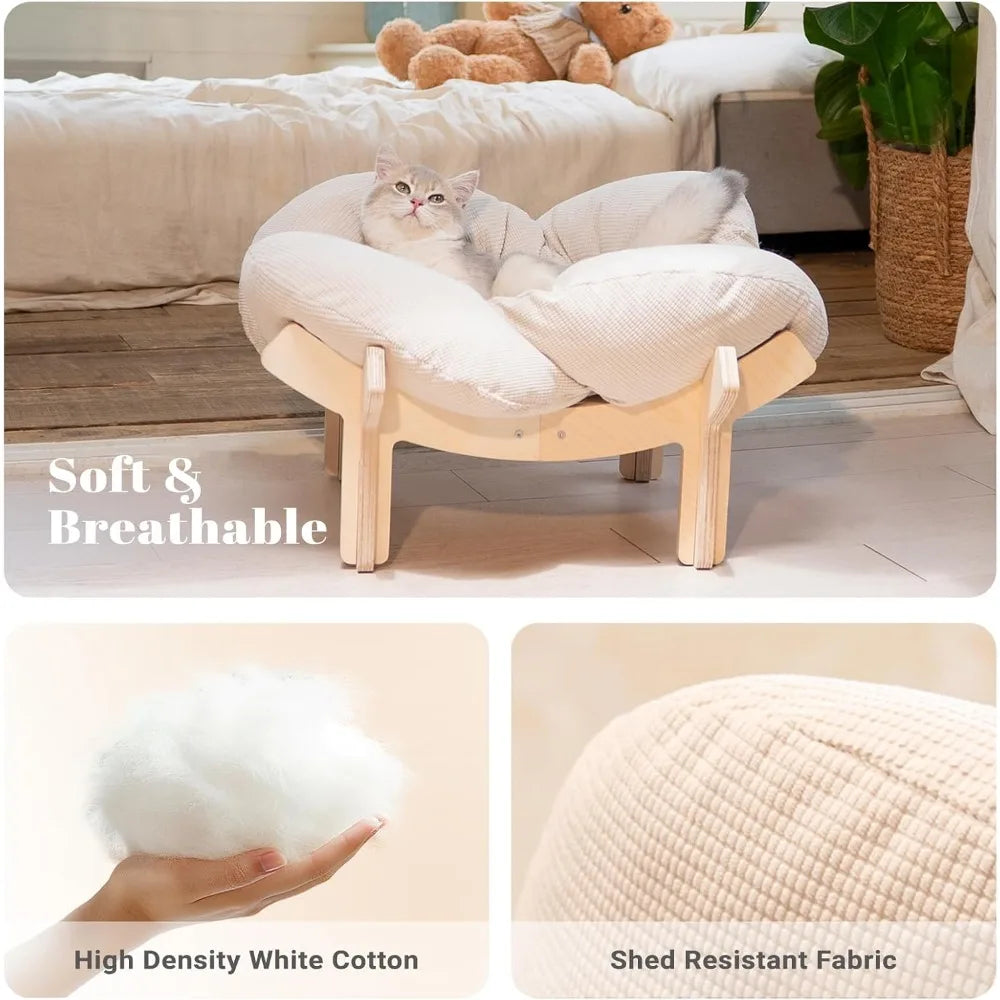 Elevated Cat Bed Wooden With Cushion Fluffy Pet Couch Sofa For Indoor Cats Raised Kitty Lounge Chair Suitable
