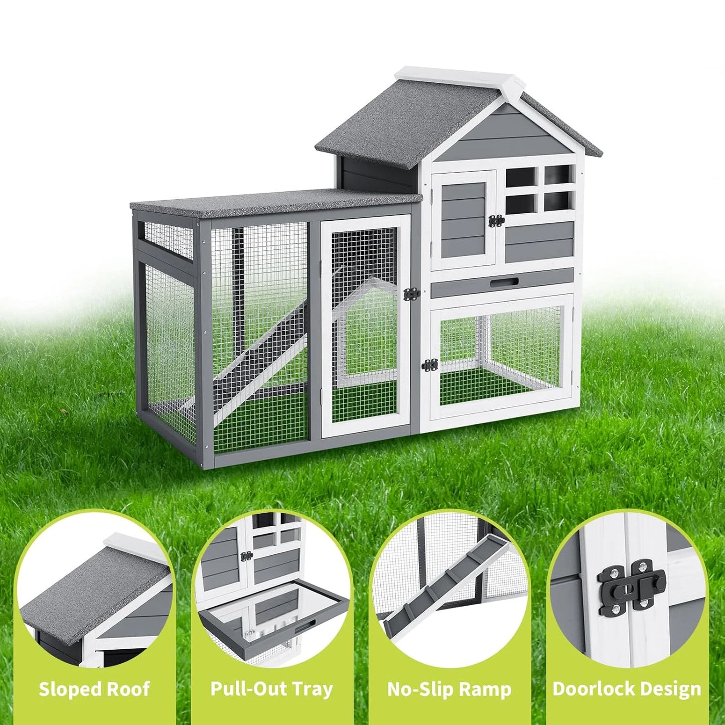 Rabbit Hutch Chicken Cage Indoor and Outdoor, 2-Story Rabbit Cage with Pull Out Tray, Wood Pet House with Ramp, Waterproof Roofs