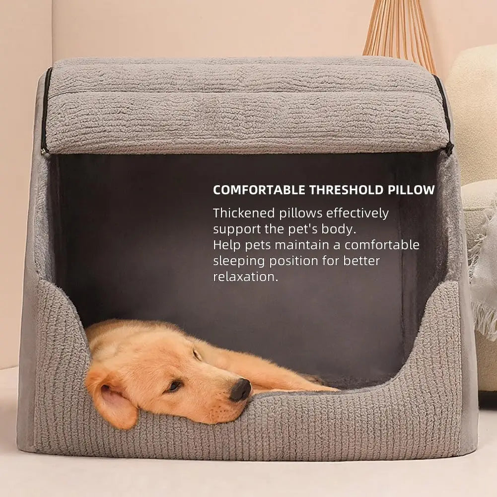 Extra Large Dog Bed House with 30D Memory Sponge, Cozy Indoor Plush Cave for Medium Large Dogs, Non-Slip Bottom (Grey, M)