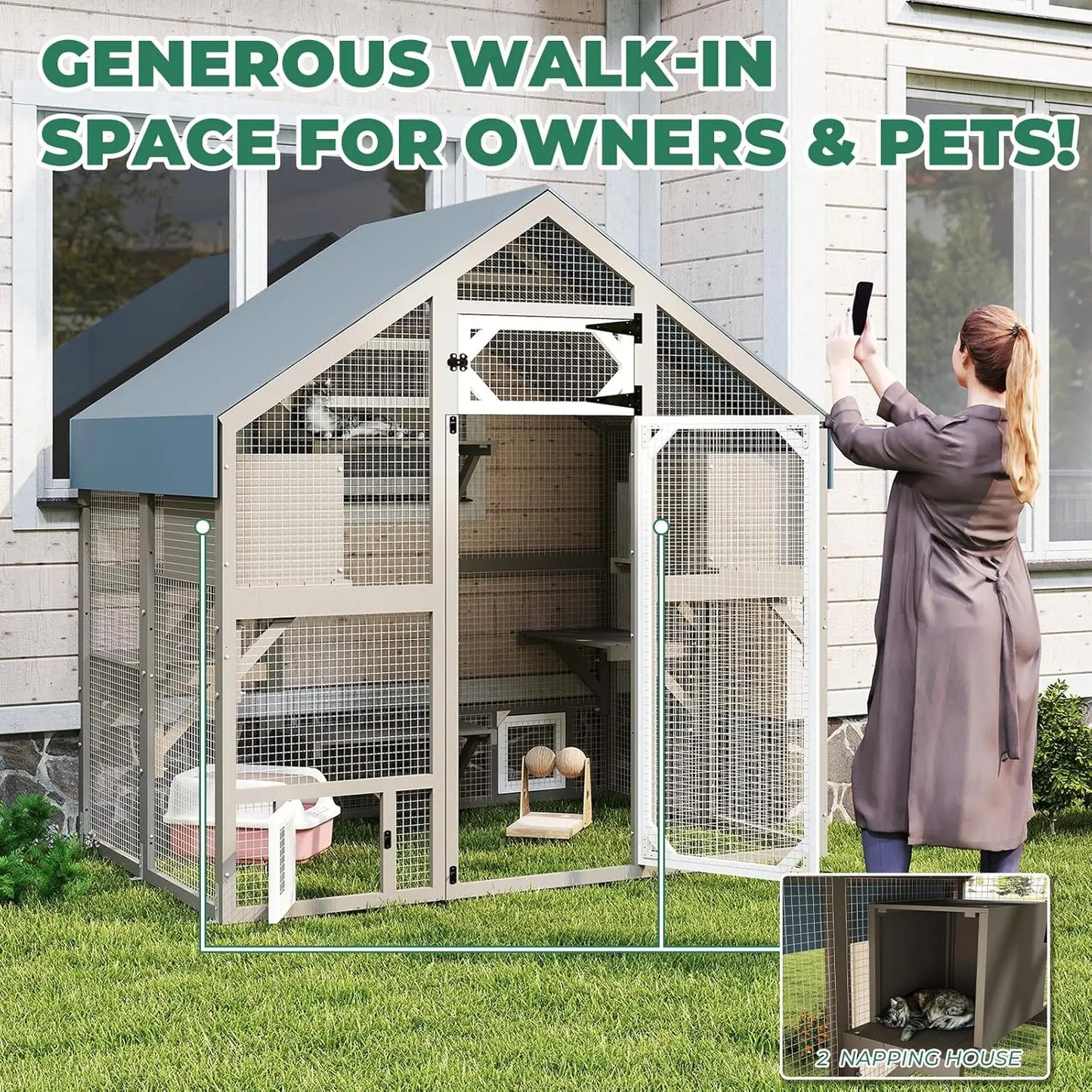 71" Weatherproof Outdoor Cat Enclosure Large Walk-in House with Window Multiple Cats 2 Condos 6 Platforms, Customized