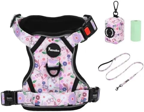 Petmolico Pet Harness & Leash Set for Small Dogs – Easy Control, Reflective Vest, Poop Bag Holder, Pink Flowers