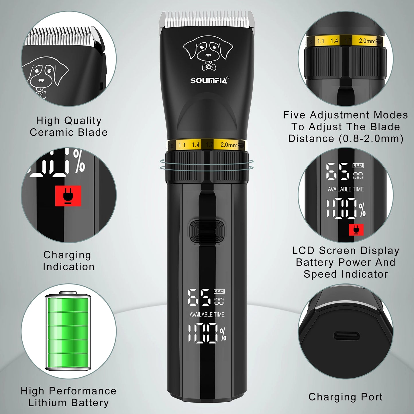 Solimpia Professional Dog Hair Trimmer Low-noise Cat Grooming Clippers for Dog Rechargeable Hair Cutters Haircut Machine