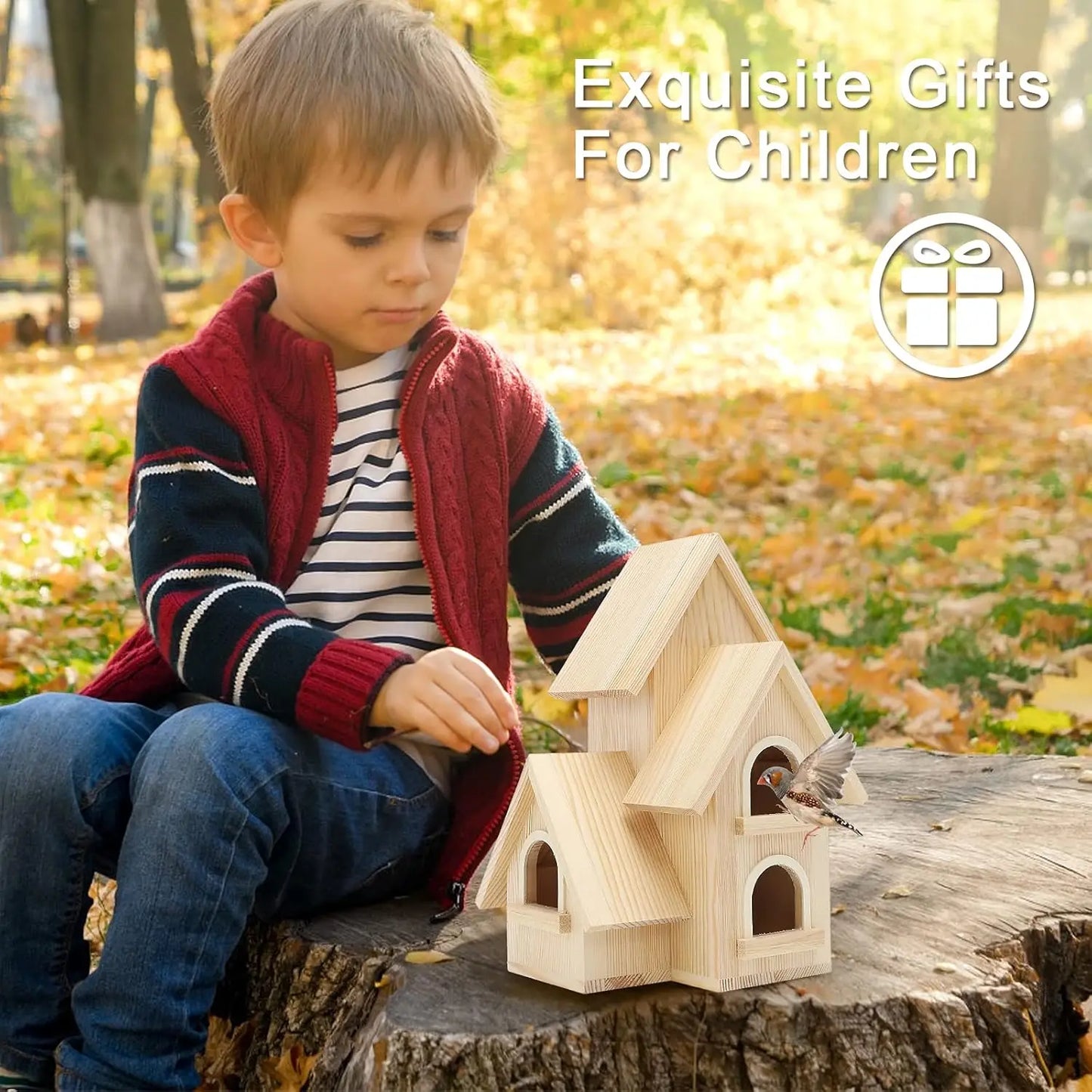 DIY Pine Wooden Bird House with Hanging Tools for Bluebird Hummingbird Wren Finch Garden Hut