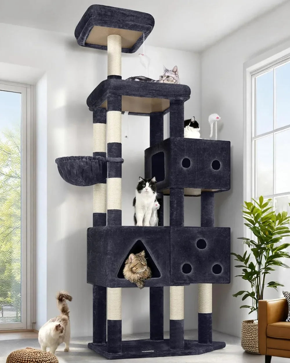 81-inch Extra Large Cat Tree for Big Cats 20 lbs, Heavy Duty Scratching Tower with 3 Condos & 8 Posts