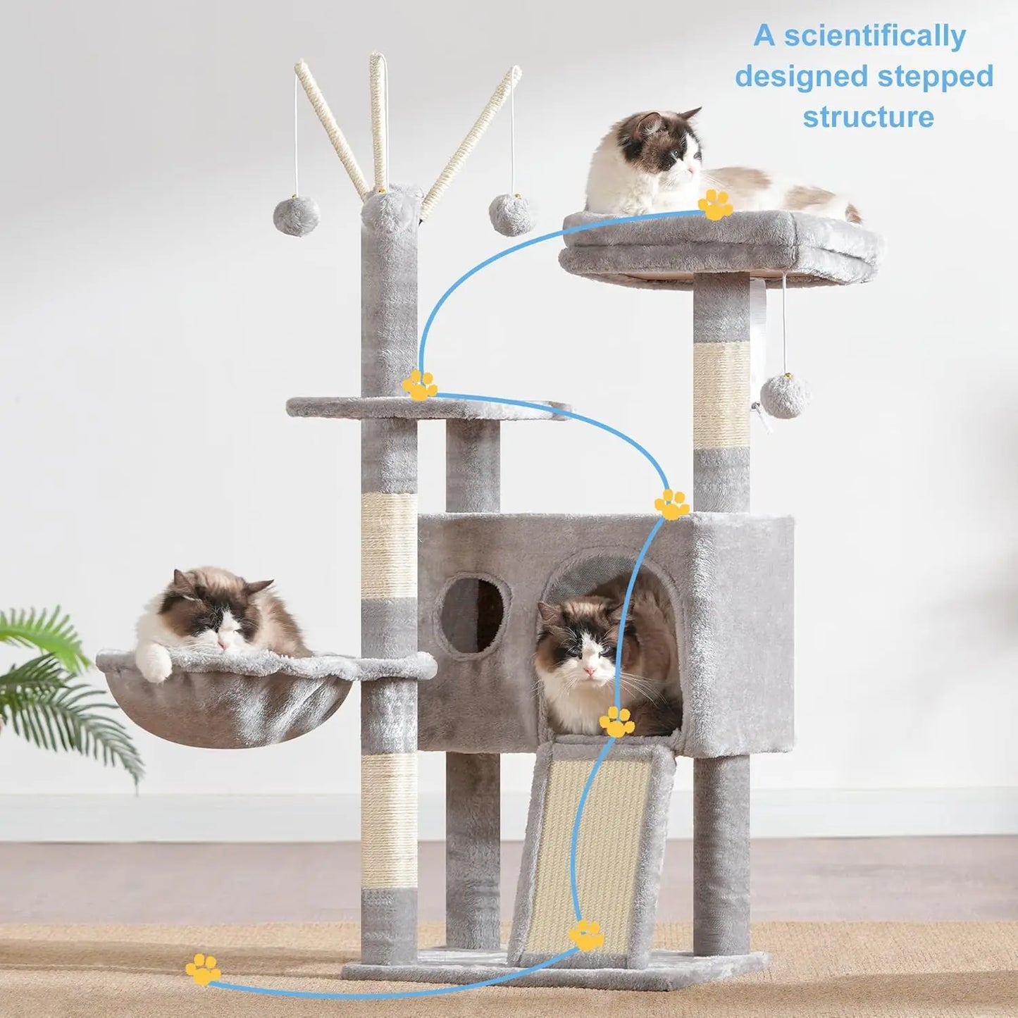 Cat Tree Tower, Scratching Posts with Removable Toys, Cozy Condo, Platform, Hammock, Sisal Scratch